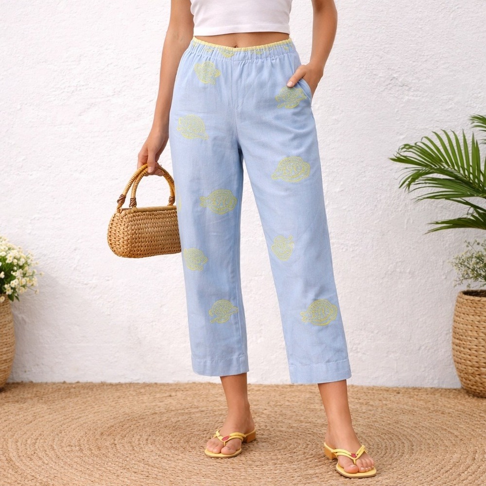 David Brooks Blue Cropped Capri‎ Pants Fish Embroidered Coastal Preppy 14